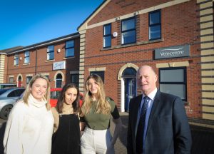 Summer Vallender, Jess Beaumont and Laura Jancey from Compass at Cygnet Court with Simon Hain from ehB Reeves.